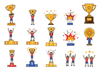 Achievement Icons Celebrating Success with Trophies and Podiums