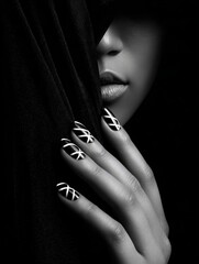Glamour woman hand with high contrast nail polish on her fingernails. Nude shade nail manicure with gel polish at luxury beauty salon. Nail art and design. Female hand model. French manicure.