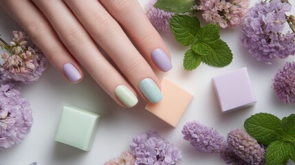 Glamour woman hand with spring pastel garden nail polish on her fingernails. Pastel nail manicure with gel polish at luxury beauty salon. Nail art and design. Female hand model. French manicure.
