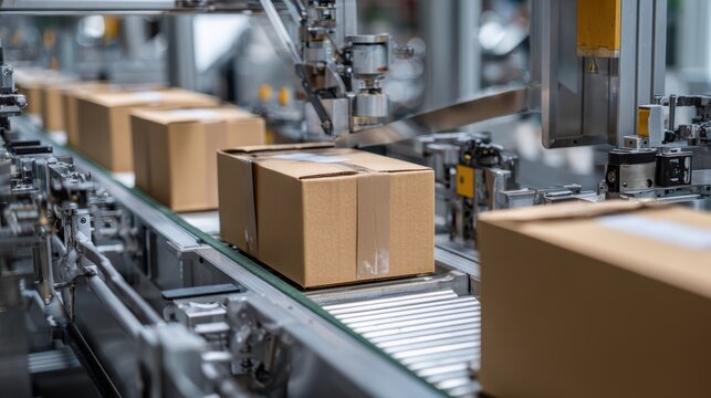 Automated packaging line using sustainable materials in a modern manufacturing facility. Efficient green production technology and evolution of ecofriendly processes in industrial packaging operation