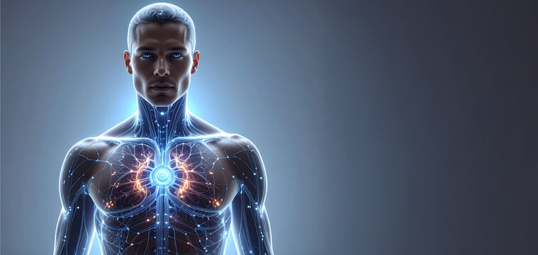 Male torso outlined by glowing blue and orange circuits. Artificial Intelligence and digital nervous system concept. Futuristic medical technology banner. - Powered by Adobe