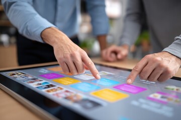 Collaborative business brainstorming session with colleagues analyzing sticky adhesive sheets in modern office environment