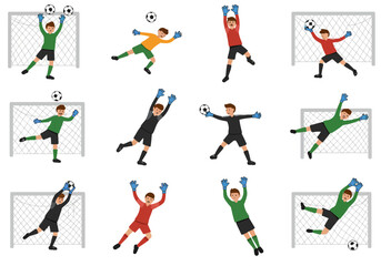 Diverse Goalkeeper Actions Set Saving Goals in Green, Red, Black, and Orange Attire