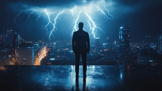 Businessman Contemplating in City During Storm - Powered by Adobe