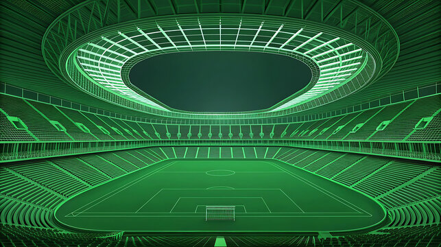 Green wireframe 3d stadium interior with soccer field