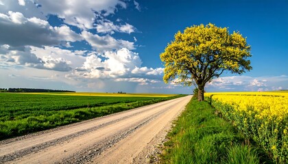 Rural Countryside Road with Yellow Flowers.