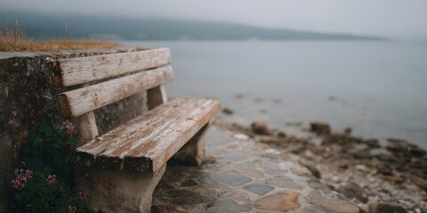 Bench is sitting on a rocky beach next to the water