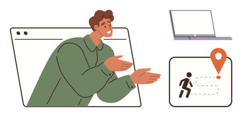 Man engaging in a cheerful gesture emerging from a window, laptop, navigation icon with a path. Ideal for e-learning, tutorials, guidance, directions, remote work technology communication. Simple