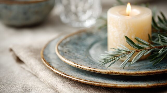 Candle is lit on a table with a blue plate and a leaf - Powered by Adobe