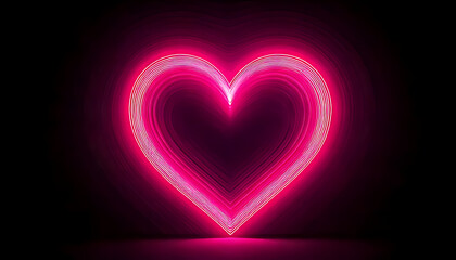 A vibrant pink neon heart with multiple glowing concentric lines against a solid black background.