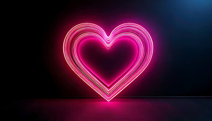 A vibrant pink neon heart sign with concentric glowing lines on a dark reflective surface.