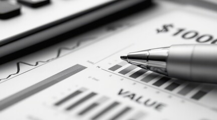 financial freedom independence strategy value concept. Financial charts and a pen on a desk for business analysis.