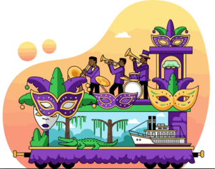 Vibrant Mardi Gras Parade Float Illustration with Jazz Band, Traditional Masks, Alligator, and Steamboat, representing New Orleans Culture and Festivities.