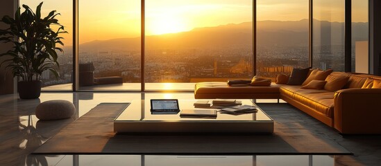 Modern penthouse living room at sunset.