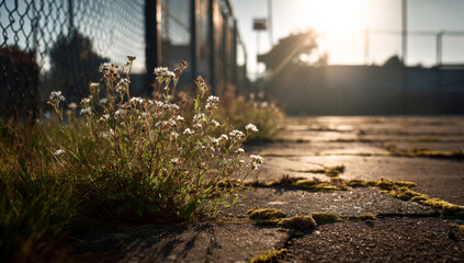 Small patch of wild flowers growing on edge of stone pathway, illuminated by warm sunlight, evokes sense of tranquility and resilience