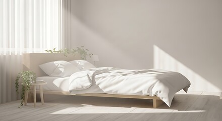 Serene bedroom interior featuring a minimalist design aesthetic concept