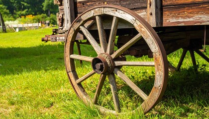 Obraz premium Vintage Wooden Cart Wheel on Grass.