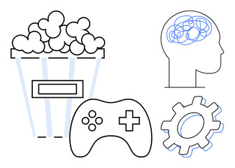 Popcorn bucket, game controller, brain with neural lines, and gear symbolize entertainment, gaming, imagination, innovation, productivity creative thinking and problem-solving. Ideal for media