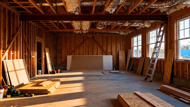 Wood framed house under construction with sunlight illuminating unfinished walls