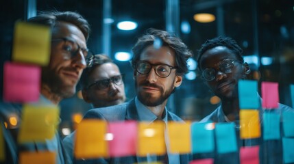 Business professionals brainstorming new project strategy with sticky notes