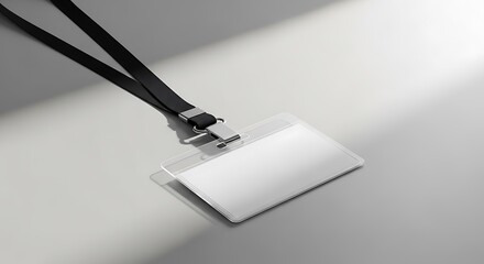 Blank ID Card with Lanyard on White Surface.