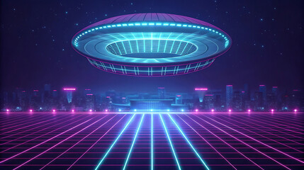 Neon grid landscape with floating holographic stadium and city