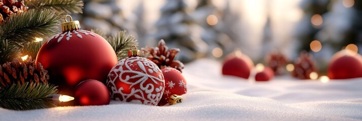 Red christmas balls and pine cones lying on snow during sunset