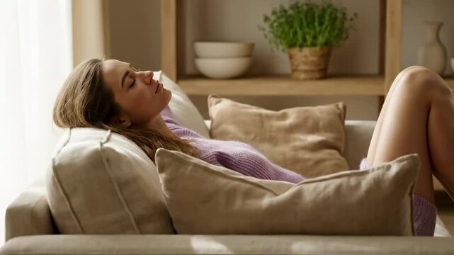 Young woman reclines on a light sofa with cushions, eyes closed and legs curled, bathed in warm window light; neutral decor includes potted plant and ceramic bowls on open shelves. Calm cozy mood now