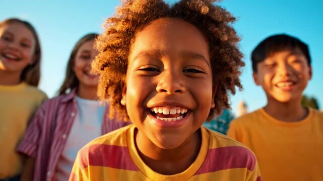 Close-up of four smiling children outdoors, sunlit faces and bright eyes, joyful expression front and center, diverse friends laughing together against a clear blue sky, warm golden light. beaming yay
