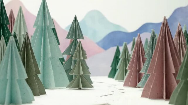 Miniature paper forest of folded conical trees in soft greens and muted pinks, set on a snowy white base with layered paper hills and distant mountains, creating a whimsical handcrafted diorama. tiny