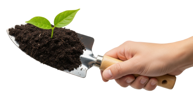 Hand Holding Trowel with Young Green Plant
