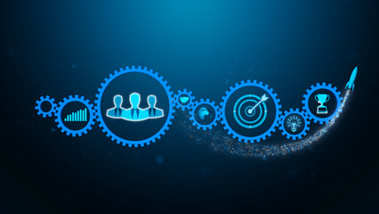 Business teamwork process and goal achievement concept with glowing gears, leadership icons, and rocket launch path symbolizing success and growth