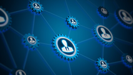 Connected user icons inside gears forming a digital business network symbolizing collaboration, teamwork, and technology integration