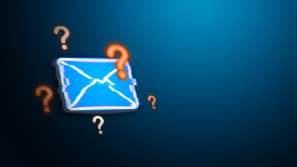 Glitch email icon with question marks representing virus threat spam alert notification and cybersecurity issues in digital communication concept