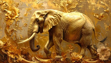 A majestic golden elephant, meticulously detailed and surrounded by elaborate, ornate floral designs in gold, creates a luxurious and opulent art piece.