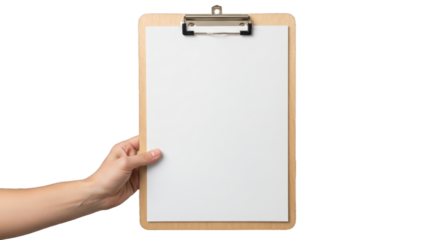 Hand Holding Blank Wooden Clipboard with White Paper for Copy Space
