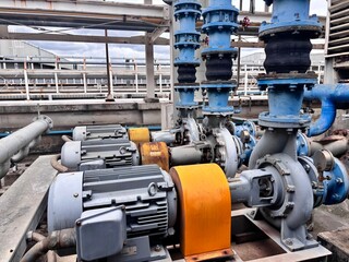 Industrial water pump system with connected pipelines and electric motors, used for fluid...