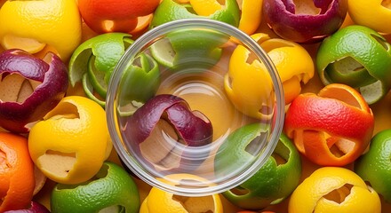 Aromatic citrus fruit rinds with bowl in a visually striking still life