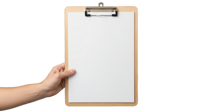 Hand Holding Blank Wooden Clipboard with White Paper for Copy Space - Powered by Adobe