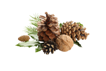 Festive decor with pinecones, walnuts, greenery, on white, PNG