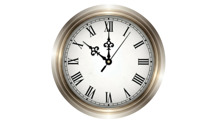 Classic Silver Clock Showing Seven O'Clock on Transparent Background