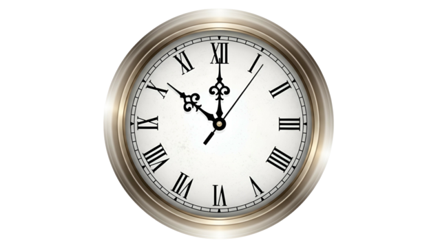 Classic Silver Clock Showing Seven O'Clock on Transparent Background
