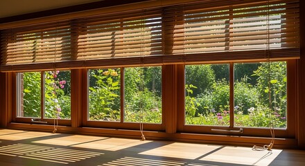 Inviting sunlit view from rustic wood window with nature's flourishing