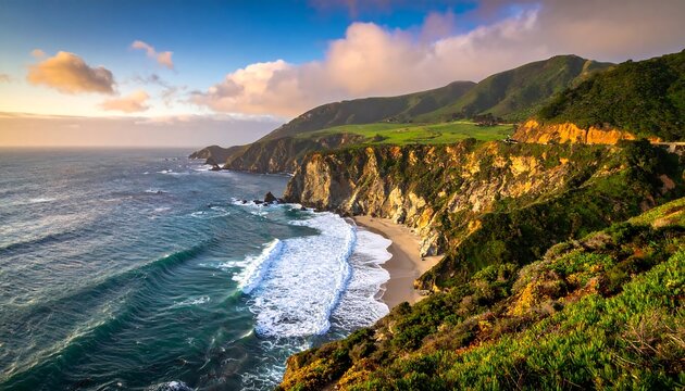 Dramatic coastal scenery at sunset, showcasing a dramatic coastline with crashing waves and lush greenery. - Powered by Adobe