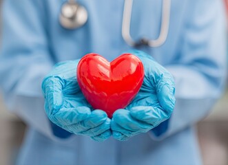 Caring hands in blue gloves gently hold a vibrant red heart, symbolizing health, compassion, and medical expertise.