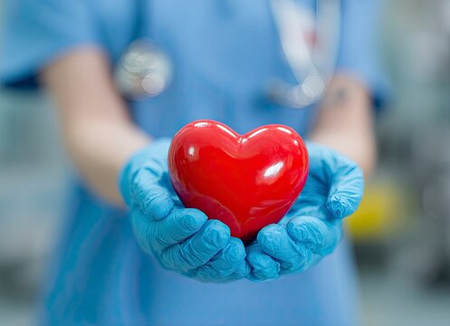 Caring healthcare professional gently holds a vibrant red heart symbolizing compassion, health, and life-saving care
