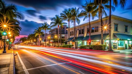 Obraz premium Vibrant City Street at Dusk with Palm Trees and Light Trails