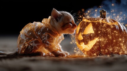 Playful orange kitten in a transparent raincoat curiously approaches a glowing jack-o'-lantern, creating a whimsical Halloween atmosphere with sparkling effects