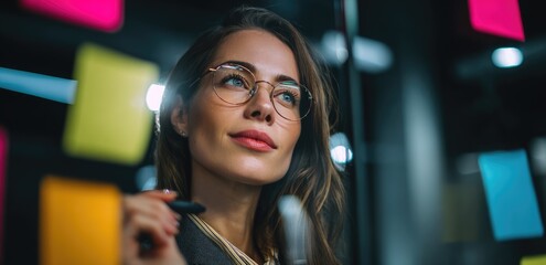 Businesswoman in her 30s overseeing project reminders on sticky notes at a brazilian office conceptualizing career success in a modern environment