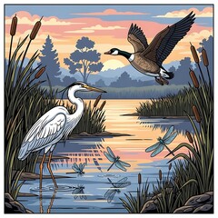Serene Wetland Scene with Heron, Goose, and Dragonflies Illustration.